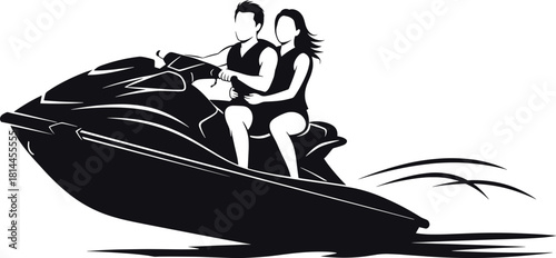 Couple riding black jet ski on white background watercraft, jet ski, watercraft, personal watercraft, water sport, recreation, leisure, summer, vacation, couple, man, woman, riding, driving, speed, mo