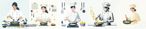 female chef frying potatoes vector