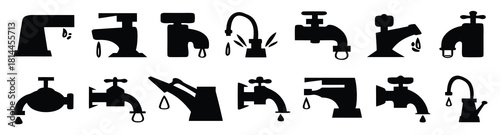 Faucet icon collection with dripping water drops. Plumbing tap silhouettes for household, leak or hygiene themes
