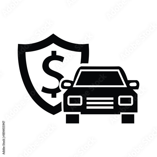 Solid black vector icon illustrating car insurance or auto finance, featuring a vehicle and a dollar sign shield symbol for protection.
