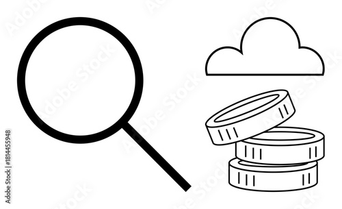 Magnifying glass inspecting data, cloud storage symbol, and stacked coins portraying financial analysis. Ideal for research, finance, cloud computing, data storage, investment, economics simple flat