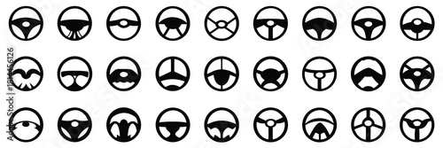 Steering wheel icon collection in simple black style. Variety of automotive designs for driving and transportation themes
