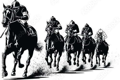 Five jockeys on horseback racing across a white background, horse racing, jockey, horse, racing, competition, sport, equestrian, speed, action, movement, gallop, racehorse, rider, track, dirt, dust, b