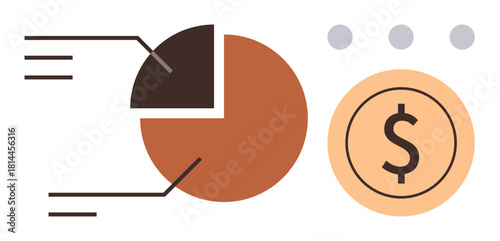 Pie chart divided into segments with data annotations, dollar coin symbolizing finance. Ideal for investment, budgeting, analytics, profitability, accounting, income business strategies. Simple flat