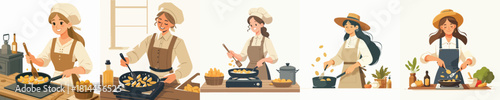vector of female farmer frying potatoes