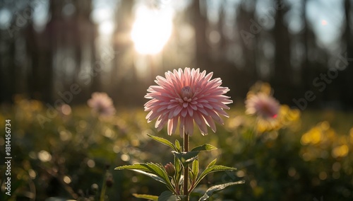 Beautiful Pink Flower Blooms Under Warm Sunlight in a Serene Garden During Ea...