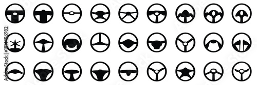 Steering wheel icon collection in simple black style. Variety of automotive designs for driving and transportation themes
