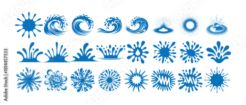 Collection of blue water splash and wave icons abstract liquid fluid shapes on white background