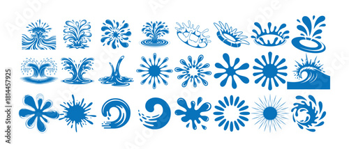 Set of water splash and wave elements for design isolated on white background flat vector illustration