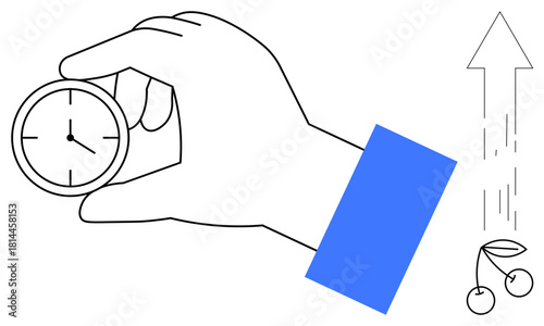 Hand holding a clock, arrow pointing upward signifying growth, and cherries falling illustrating fleeting opportunities. Ideal for time management, productivity, growth, efficiency, focus, goals