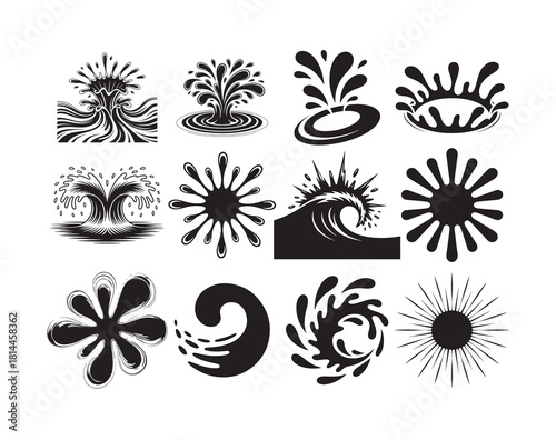 Set of water splash and wave elements for design isolated on white background flat vector illustration