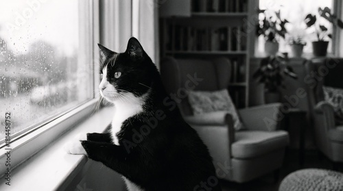 Cat Gazing Out the Window, Cozy Living Room, Black and White Photography, Calm Atmosphere, Home Environment