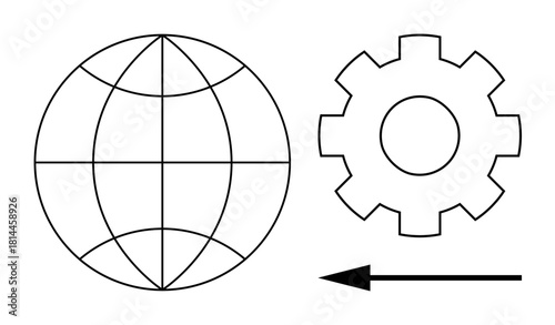 Global concept. Globe and gear icons alongside an arrow worldwide processes, technology, and movement. Global systems progress and connection. For operations, process design, systems thinking