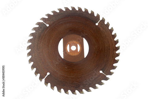 Circular steel gear saw blade with sharp teeth isolated on a white background is a mechanical industry part