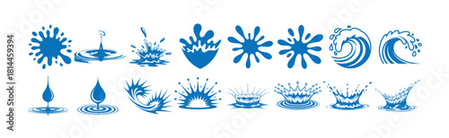 Set of blue water splash, drop, and wave icons showing various liquid forms and movements