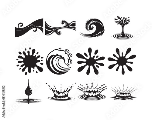 Collection of black water splash, wave, and drop icons illustrating fluid dynamics