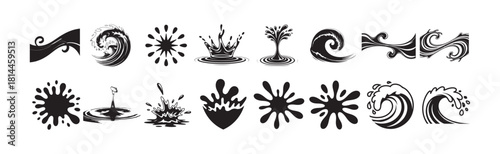 Collection of black splash shapes and water ripple effects set isolated on white background