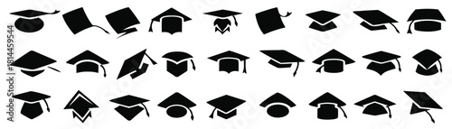Graduation cap icon collection in clean black silhouette style. Education and academic symbols for school, learning, and success themes
