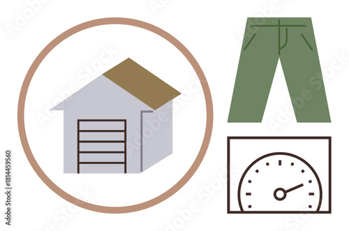 Garage icon, green trousers, and speedometer enclosed in simple designs Ideal for home maintenance, fashion, transportation, metrics, sustainability, minimalism, simple flat metaphor