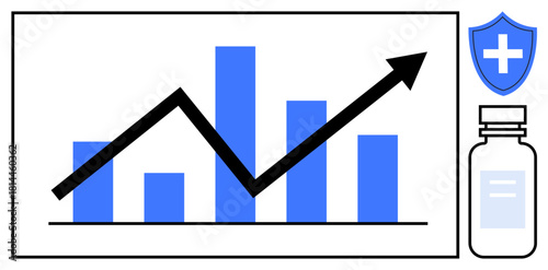Bar chart with upward trend line, medical shield, and medicine bottle imagery. Ideal for health analytics, medical growth, clinical research, advancements, pharmaceutical focus, health trends