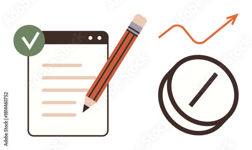 Notepad with checklist, pencil, and upward arrow symbolizing progress and success. Ideal for productivity, goal setting, planning, workflow, growth education and personal development. Simple flat