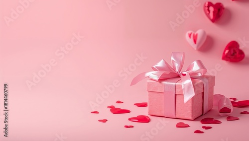 Pink Gift Box With Ribbon Surrounded by Heart Shapes on a Light Backdrop for ...