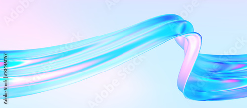 3d glass abstract wave. Gradient background with liquid flow ribbon form. Hologram blue pink curve element iridescent effect. Vector illustration for abstract music poster, futuristic tech template