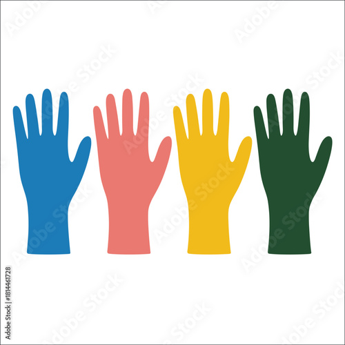 Set of disposable colorful gloves in blue, red, yellow, and green arranged upright on white background