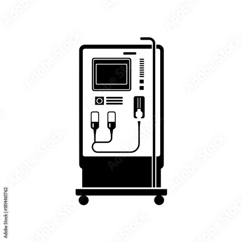 Solid black dialysis machine silhouette with screen, tubes and rollers in minimal medical style