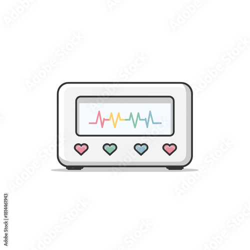 A cute medical ecg monitor with heart icons and a colorful heart rate waveform on a bright display
