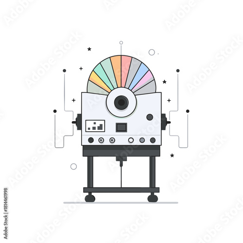 A colorful EEG diagnostic machine with a semicircular multicolor display and control panel on a wheeled stand