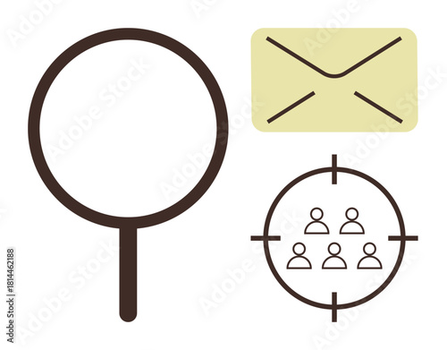 Magnifying glass for search, envelope for communication, target with people for audience focus. Ideal for email marketing, targeting, analysis, communication, customer service, research simple flat