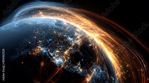 Earth illuminated with flowing energy lines in blue, orange, and gold