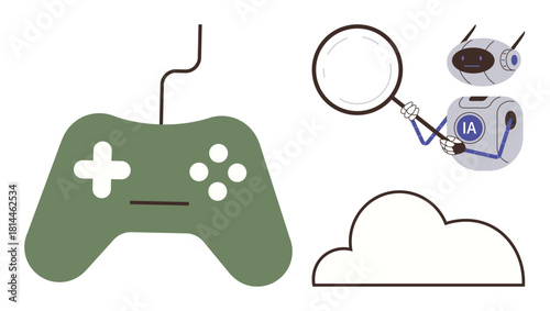 Gaming controller, robotic AI analyzing with magnifying glass, and cloud illustrate technology blending with innovation and multitasking. Ideal for automation, creativity, gaming, research