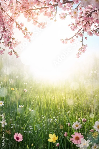 Blossoming Cherry Trees Above a Sunny Meadow in Springtime, Filled With Vibra...
