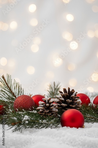 Winter Scene With Red Ornaments and Pinecones on Snow Ground During Holiday S...