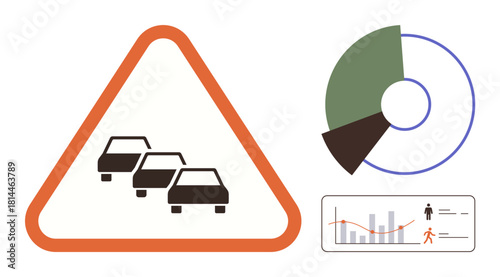 Vehicles in a triangular warning sign highlight congestion, complemented by a pie chart and data visualization graph. Ideal for transport, analysis, planning, safety, urban study, statistics, simple
