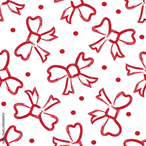Painted brushstroke bows with spots seamless vector pattern background. Red ribbon on white ground with polka dots. Valentines day or Christmas repeat backdrop. Relaxed hand drawn style.