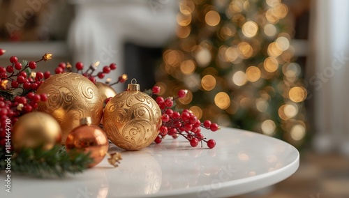 Festive Decorations on a Table With a Christmas Tree in the Background