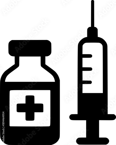 Vaccine Vial and Syringe Vector – Minimalist Black and White Medical Healthcare Immunization Icon