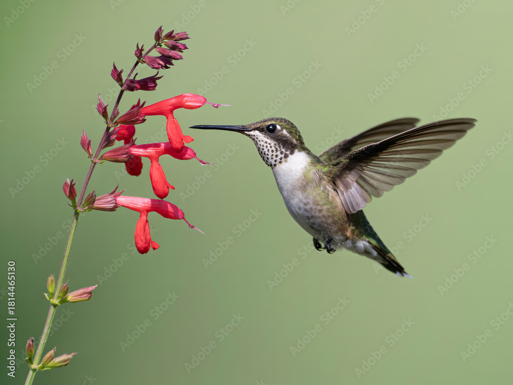 Fototapeta premium Delicate hummingbird gracefully feeding on nectar from vibrant red flowers in a lush, green garden setting, perfect for nature and wildlife themes