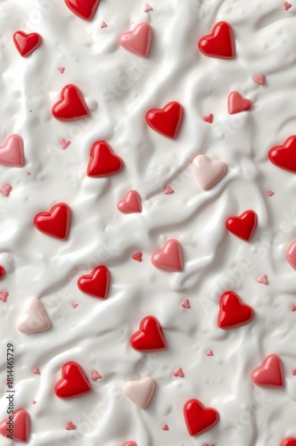 Colorful Heart-Shaped Candy on Sweet White Frosting Backdrop for Festive Deco...