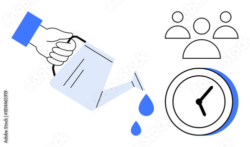 Hand holding a watering can, pouring water onto abstract icons of a group and clock. Ideal for teamwork, resource management, growth, time investment, leadership, collaboration business. Simple flat