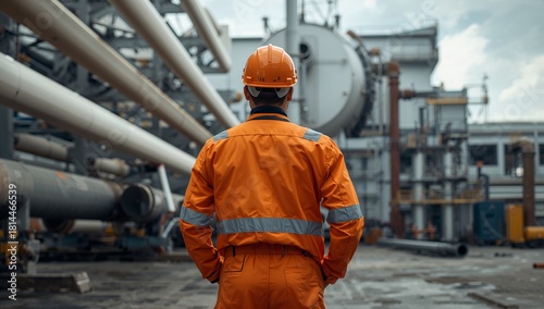 Worker in Safety Gear Observes Industrial Site With Pipes and Machinery on a ...