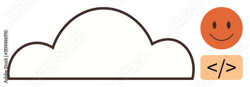 Abstract cloud outline paired with happy face and code tag. Ideal for technology, cloud setup, software development, collaboration, data sharing, user experience, and digital simplicity concepts