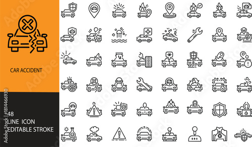 Car accident icons, automotive issues, editable stroke, vehicle emergency, insurance symbols, repair tools, black and white, vector illustration