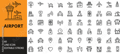 Airport line art, editable stroke, travel icons, aviation sketch, airplane outline, black and white, vector illustration