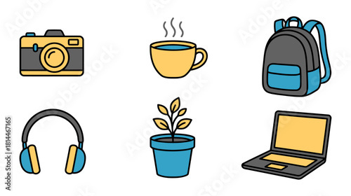 Collection of daily essential icons including camera, coffee cup, backpack, headphones, potted plant and laptop for modern lifestyle themes. Flat vector illustration