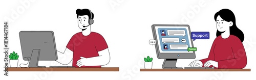 Customer support team providing assistance through call and chat, showing a man with headset handling calls and a woman typing live messages on computer for online service help. 