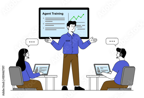 Agent training workshop with instructor teaching customer support team using laptops and headsets during presentation. flat vector illustration